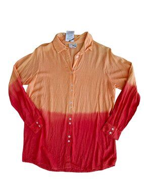 Rayon Peach Red Ombre Boho Resort Summer Button Down Blouse Size M